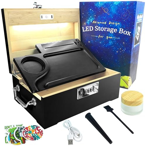 Giftidea LED Storage Box with Combination Lock, Large Black Bamboo Box with Removable Tray & Compartments, Wooden Decorative Box with Airtight Jar, Brush & Accessories as Great Christmas Gift