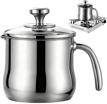 Pot Au Lait Avec Bec Acier,2L Marmite En Acier Inoxydable,Casserole Avec Couvercle En Verre,Pichet A Lait En Acier Inoxydable Pour Sauces,Lait De Cuisson,Sauce,Pâtes,14 cm,Couvercle Avec Trou Vapeur