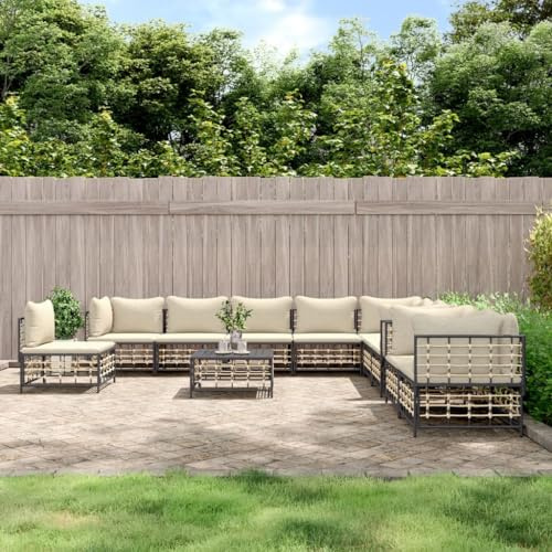WEMYUFURN Garten-Lounge-Set aus wetterfestem Poly Rattan mit Stahlrahmen und gepolsterten Kissen für Terrasse, Außenbereich | Modulares Design, Robuste Tischplatte, Hoher Sitzkomfort,