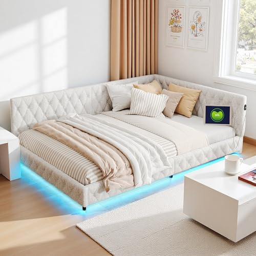 Yeutre Canapé Lit 2 Places 140x200 avec Éclairage LED et Ports USB, Lit Banquette Rembourré Moderne avec Sommier à Lattes, Lits 2 Personners Multifonction pour Adultes et Adolescents, Velours Teddy