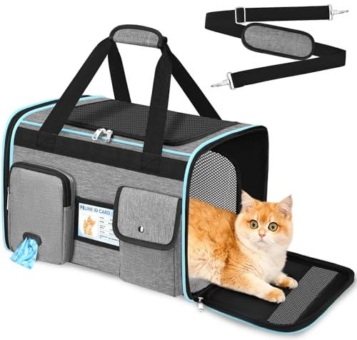 TEUEN Trasportino Morbido Pieghevole Approvato Aereo - Borsa Viaggio per Gatti e Cani fino a 9kg, 4 Lati in Rete, Tessuto Antigraffio con Cuscino Lavabile e Guinzaglio Interno