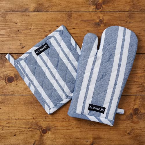 Encasa XO Ofenhandschuhe & Topflappen, Hitzebeständig, Küche | Franca Blue Stripes, 100% Baumwolle | Rutschfester Griff | Mikrowellen- & Ofenfest | Maschinenwaschbar