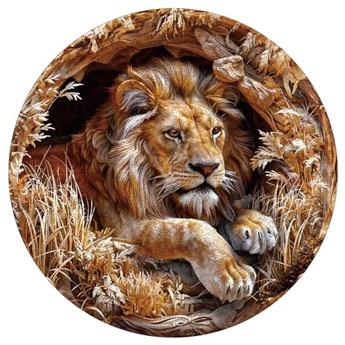 KaayeeWood Puzzles 1000 Pieces, Jigsaw Puzzles for Adults-3D Visual Lion Theme- Challenging Round Puzzles for Family Activities,Home Decor and Gift Ideas(26.6 * 26.6in)