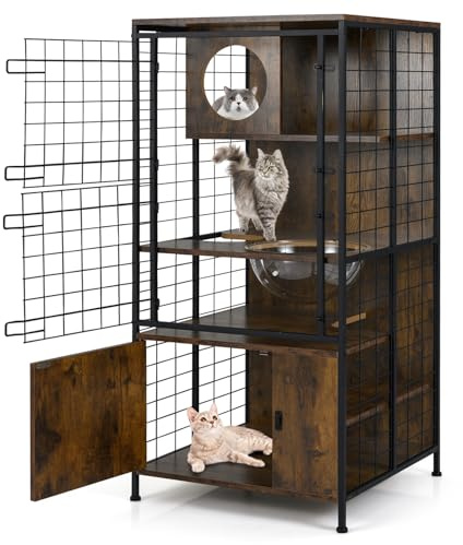 GOPLUS Grande Cage Chat 4 Niveaux en Bois, 60x60x125 CM, Enclos Intérieur en Fil, Capsule, Portes Verrouillable, Large Zone de Loisir, Compartiment Bas pour Ranger avec 2 Portes, Patins Réglable