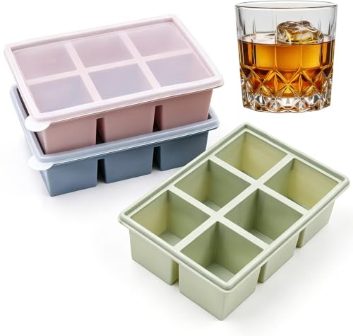 3 Pack Large Silicone Ice Cube Trays for Whiskey, 2 Inch Easy Release Square Ice Moulds with Leak Proof Removable Lid, Stackable Ice Maker Trays for Freezer Cocktail and Chilled Drinks