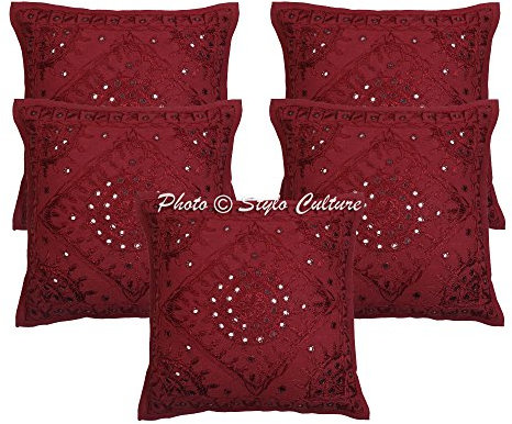 Stylo Culture Ethnicas Fundas Cojines Decorativa 40x40 cm Algodón Espejado Funda Almohadon Sofa Granate 16x16 Inch Bordado Cuadrado sobre Fundas De Almohadones para Cama - 5 Pcs