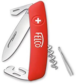 FELCO 503 Schweizisk fickkniv (9 funktioner, blad 75 mm, inkluderar platt skruvmejsel, korkskruv, pincett, flasköppnare, burköppnare, bladlås), röd