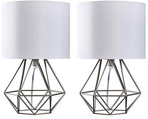MiniSun | Modern Brushed Chrome Metal Basket Cage Bed Side Table Lamps with White Fabric Shades | Table Lamps, Home Décor & Improvement Essential | Set of 2