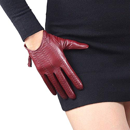 DooWay Damen Handschuhe, kurz, echtes Leder, importiertes Ziegenleder, Touchscreen, Text, Fahren, Quaste mit Reißverschluss - Rot - Groß
