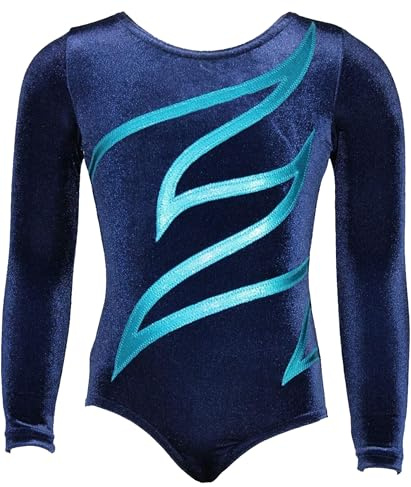 GymStern Turnanzug Plamak Basic Nicki Samt & Glitzerlycra Mädchen Gymnastikanzug LANGARM Kinder Turnbody langärmlich in Dunkelblau & Türkis Größe 164