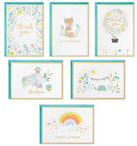 Hallmark Baby Shower tackkort sortiment, djur och blommor (24 kort med kuvert för baby pojke eller babyflicka) elefant, räv, kanin