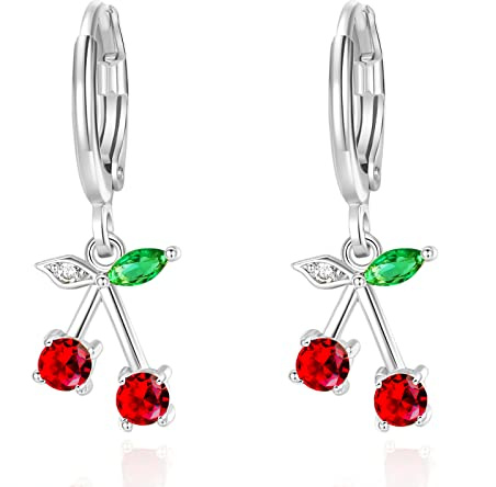 VONSSY Kirsche Ohrringe | Rote Tropfen Ohrhänger & Ohrstecker Kirsche Tropfen-Platin