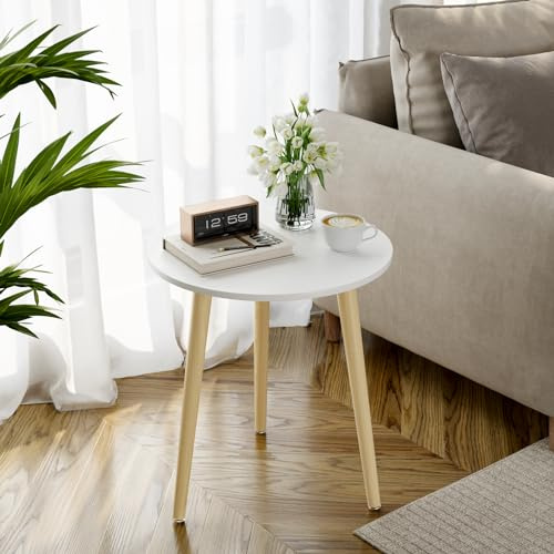 APICIZON Beistelltisch, Couchtisch rund Ø 42 cm, Höhe 51 cm, Sofatisch mit Beinen aus Massivholz, Skandinavischer Stil, Nachtisch Beistelltisch Holz für Wohnzimmer, Schlafzimmer, Natur/Weiß