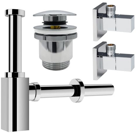 kör4u Design Set Siphon 1 1/4 Zoll x 32 mm, Pop-Up Ventil und 2x Eckventil, Ablaufventil mit Dichtungen, für Waschbecken (eckig chrom)