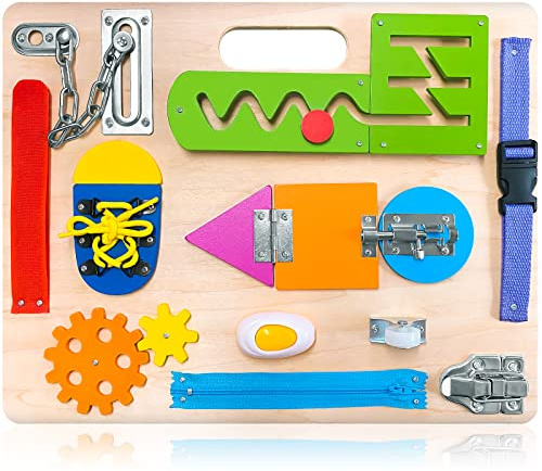 Montessori Busy Board for Toddlers, Wooden Sensory Toys, Preschool Learning Activities for Fine Motor Skills Travel Toy, Basic Life Skills Educational Gifts for 1 2 3 Years Old Kids Boys Girls