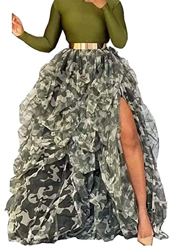 Lisong Women Maxi Tulle Floor Length High Waist Layered Spectial Occasion Skirt L Camouflage