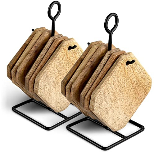 Novaliv Juego de posavasos de madera, 2 posavasos de cristal con soporte, posavasos de madera, 11,5 x 11,5 x 1 cm, posavasos de madera para vasos, café, cerveza, vino, botellas de cristal, casa y bar