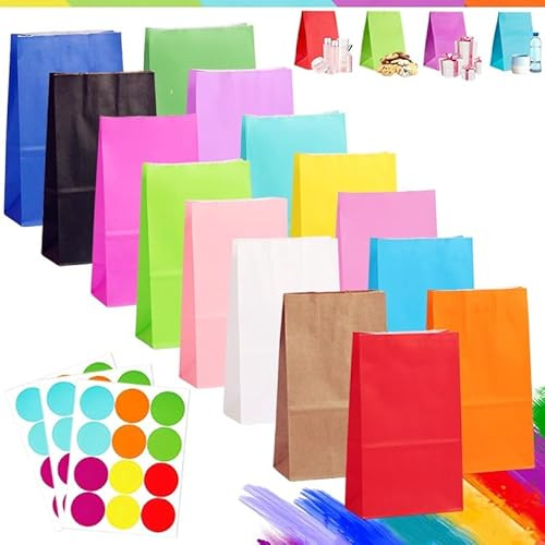 30 Stück Geschenktüten Kindergeburtstag Kleine Papiertüten Bunte mit 36 Stickern,Einfarbig Krafttaschen Tüten 24x13x8cm,Party Taschen,Geburtstag,Verpackungen,DIY,Weihnachten,Papier-Partytüten