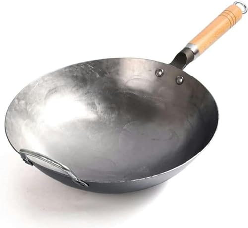 FLTRGO Wok in Ferro Forgiato A Mano, Wok Tradizionale Martellato A Mano con Manici Ausiliari e in Acciaio, Utilizzato per la Cucina Wok nei Ristoranti di Famiglia-36cm Wok