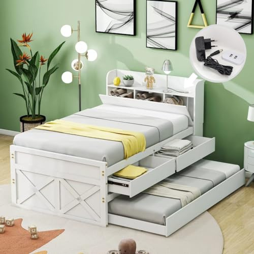Moimhear Cama individual de madera maciza de pino, 90 x 190 cm, multifuncional, con cajón extraíble, somier de láminas, mesita de noche con estantes con conector USB, cama juvenil, cama de invitados,