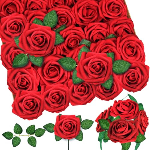 WLT 25Pcs Red Roses Artificial Flowers Bulk for Christmas Decorations Indoor Outdoor, Dark Red Fake Roses Real Looking Foam Rose with Stems DIY Wedding Bouquets Floral Valentine's Day