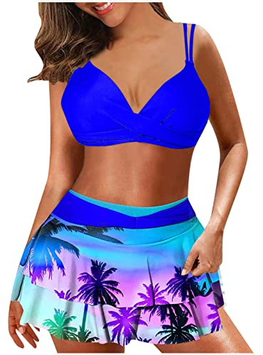 Bikini Sets for Women UK Sale Clearance,Sexy Criss Cross Bikini Top and Swim Skirt Hawaiian Print Tummy Control High Waist 2 Piece Swimsuit Beach Bathing Suits Swimwear Swimming Costumes Ladies