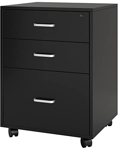 SDHYL Aktenschrank, 3 Schubladen mit Rollen, obere Schublade mit Schloss, mobiler Aktenschrank, großer Stauraum, geeignet für Home Office, Schwarz