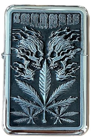 Feuerzeug Sturmfeuerzeug HANF Benzinfeuerzeug Raucherbedarf Chrom Metall (Hanf mit 2 Skull)
