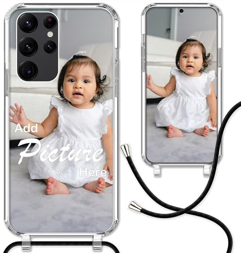 CoverHeld Handyhülle kompatibel mit Samsung Galaxy S22 Ultra mit schwarzem Band selbst gestalten - Silikon Hülle mit Band personaliseren - Dein Design/Bild - Handykette Kordel Band in Schwarz