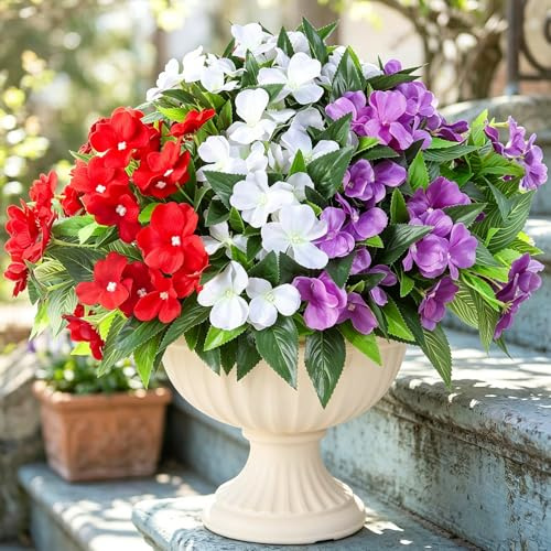 Hobyhoon Künstliche Impatiens,Künstliche Blumen Für Draußen Künstliche Balkonpflanzen,Geranien Künstlich Impatiens Blumen für Draußen,Künstliche Pflanzen Outdoor(3, Rot Weiß Violett)
