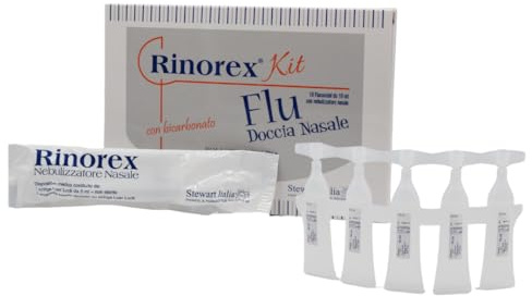 STEWART ITALIA - RINOREX FLU DOCCIA KIT CON BICARBONATO - Soluzione Salina Ipertonica Al 3%, Soluzione Salina Idonea Per Aerosol Terapia, Bambini Neonati e Adulti, Con Nebulizzatore Nasale