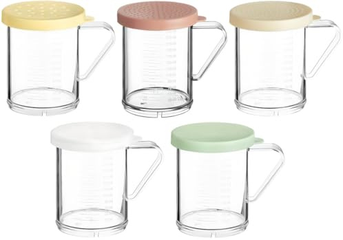 OCS Parts Set of Five 10 OZ Shakers with Colored 1 MM - 7 MM Lids | 3.75 Plastic Shakers with Ounce and Millimeter Measurements for Fine and Medium Ground Spices, Salt, Pepper, Dredges, and Rubs