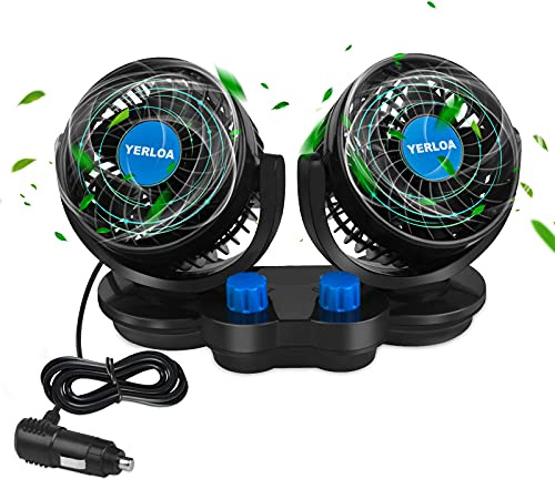 Ventilator 12 V, Doppelkopf-Auto-Ventilator 12 V, leiser Lüfter mit Zigarettenanzünder-Stecker, 360 ° drehbar, Kühlung für SUV, Wohnmobil, Boot, RV, ATV
