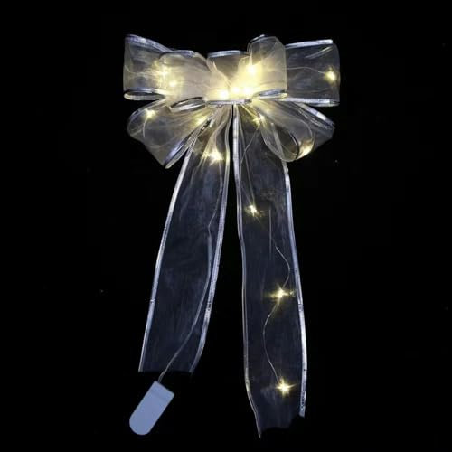 Weihnachtsbaum-Schleife, leuchtendes Weihnachtsornament, glitzernde Satin-Netz-Luftschlangen, hängendes Deko-Set für Weihnachtsdekoration, silberfarben, warm, 2, ohne Batterie