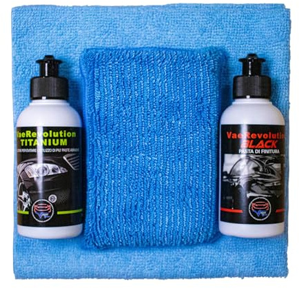 VAE Mini Kit Lucidatura Auto Manuale PLUS, Kit Completo Rimozione Segni Medio-Profondi, Revolution Titanium 100g + Revolution Black 100g, Spugna Lucidante e Panno Microfibra, Finitura Professionale