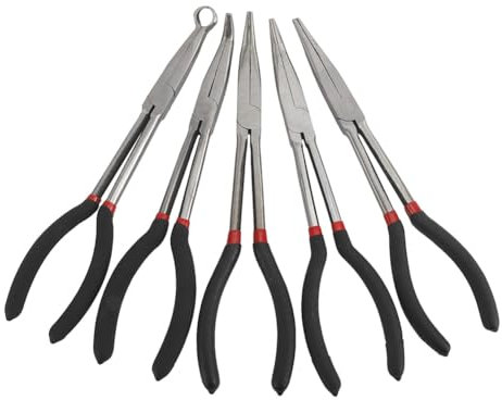 Kioball 5PCS Long Needle Nose Pliers Set 25/45/90-Degree Angle, Straight,Curved Pliers,O-Shape Clamp Long Nose Pliers