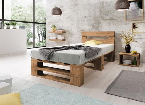 Lermowood Palettenbett M2 aus Holz 90 x 200 cm Eiche mit Kopfteil Holzbett 40cm Stabiles Seniorenbett Kinderbett Jugendbett Gästebett erhöhtes Einzelbett Bettgestell Futonbett Komforthöhe Naturholz