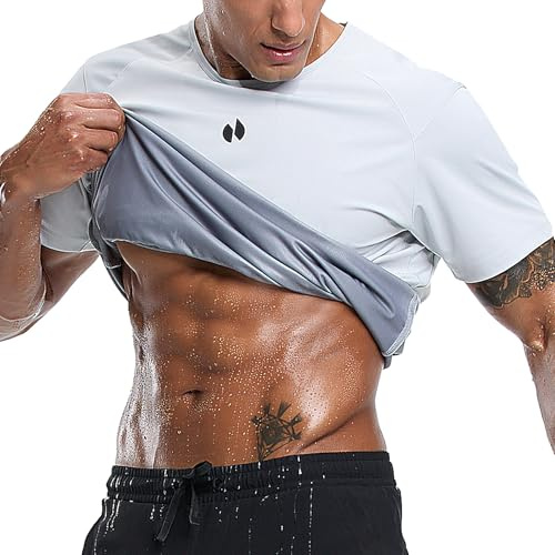 HOTSUIT Bastuskjorta för män midjetränare bastu kostymer med t-shirt för viktminskning hjärthängning svettdräkter med kort ärm för boxning på gym fitness, Vitt, L