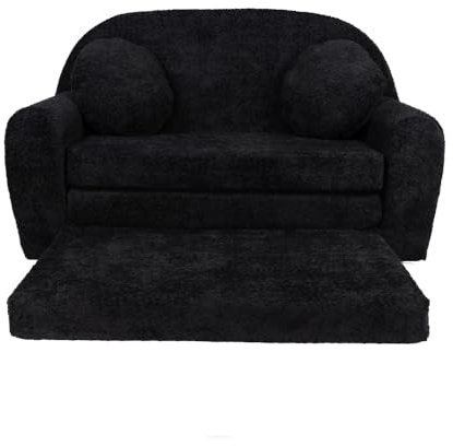 FORTISLINE Kindersofa XXL ausklappbar 96x57x48 cm - Kindercouch aus Teddy-Stoff mit Liegefläche 165 cm, 2 Kissen, Abnehmbarer waschbarer Bezug, Oeko-TEX Standard 100