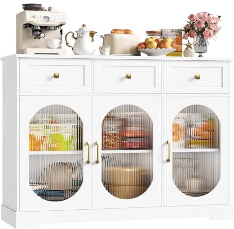 FirFurd Skänk 120 cm brett köksskåp med bänkskiva skänk för kök vardagsrum bufféskåp med 3 lådor och 3 glasdörrar köksbuffé med justerbar hylla vit 120 x 89 x 39,8 cm