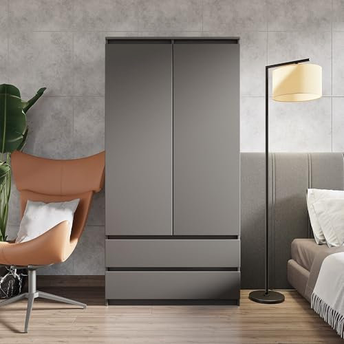 Furnica Armadio Guardaroba 90 cm – 2 ante con cassetti e asta appendiabiti – Moderno armadio da camera da letto – 90×180×50 cm (Grigio Antracite)