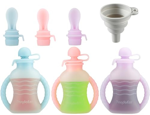 PandaEar Wiederverwendbare Silikon Babybrei-Quetschbeutel, 4er Pack, 150 ml Auslaufsichere Nachfüllbare Baby-Lebensmittelbeutel, BPA-frei, Spülmaschinengeeignet
