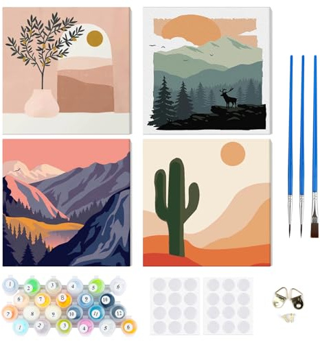 RICUVED 4 Pack Landschaft Malen nach Zahlen Erwachsene Kinder, Berge Malen nach Zahlen DIY Handgemalt Ölgemälde Kit Paint by Numbers Adult mit Rahmen 3 - Pinseln und Acrylfarbe Kit 20x20cm