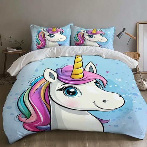 SKOEUI Bettwäsche 135x200 cm 3Teilig Cartoon-Einhorn Bettwäsche-Sets Bügelfrei Microfaser Bettbezug mit Reißverschluss Allergiker Bettdeckenbezug mit 2 mal Kissenbezug 80x80 cm Reinweiß