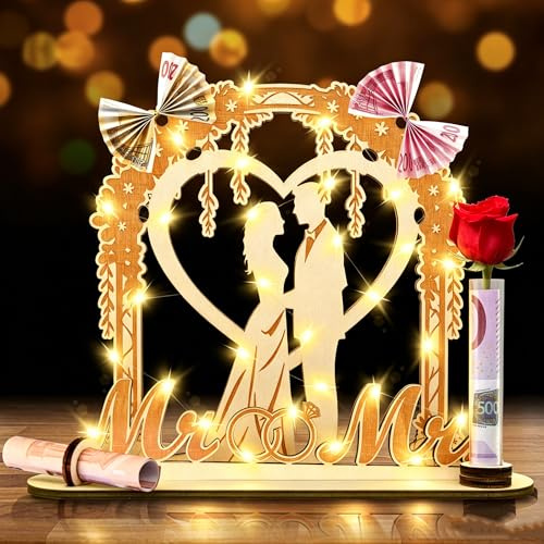Hochzeitsgeschenke für Brautpaar, Geldgeschenk Hochzeit Holz mit LED, Holz-Blumenranke-Hochzeitsdekoration, Hochzeitsgeschenk Geld, Holz Mr & Mrs Geld Geschenk