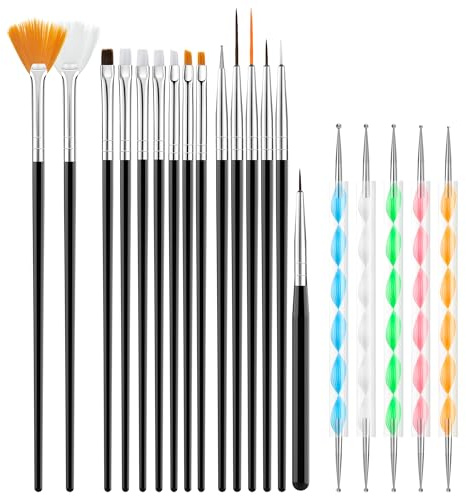 20 Pièces Pinceau Nail Art Ongles, Pinceau Ongle Gel avec Dotting Tool,Pinceau Gel UV Construction,Pinceau Acrylique Ongle Pinceau Liner Nail Art Pour DIY Nail Art Designs-Noirs