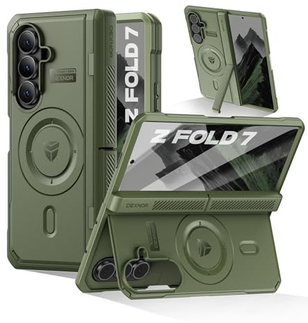 Dexnor Magnetic for Samsung Galaxy Z Fold 7 Case with & Dual Kickstands & Front Screen Protector & Hinge Protection, Compatible with MagSafe, Full-body Rugged Bumper Cases - Green