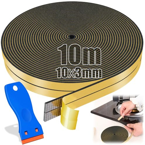SWTYExt 10m Dichtband Spüle 10mm x 3mm Ceranfeld Dichtungsband mit Schaber | Dichtband Selbstklebend, Moosgummi 3mm, für Kochfeld, Herdplatte, Induktionskochfeldes