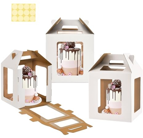 WINHPH Tall Cake Box with Windows, 10x10x10 inches, Handle, Transport Container for Tiered Cakes, White, 3 Pack