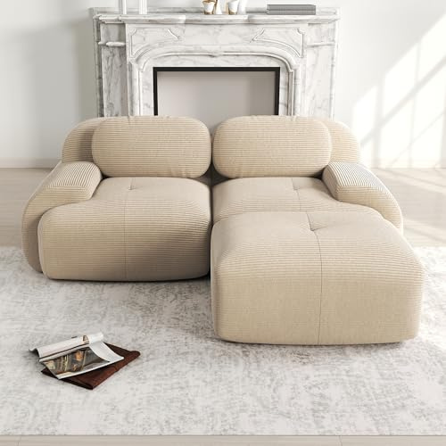 Ligterra Sofá modular de 2 plazas de pana, sofá de esquina, sofá Boneless con 1 otomana, sofá comprimido, sin montaje y base antideslizante, combinable libremente, 208×178×75cm (Beige)